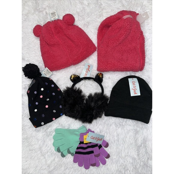 Cat & Jack Girls Size 8-16 Hat Winter Earmuffs Fleece Scarf Gloves NWT Pink Lot - Picture 1 of 16
